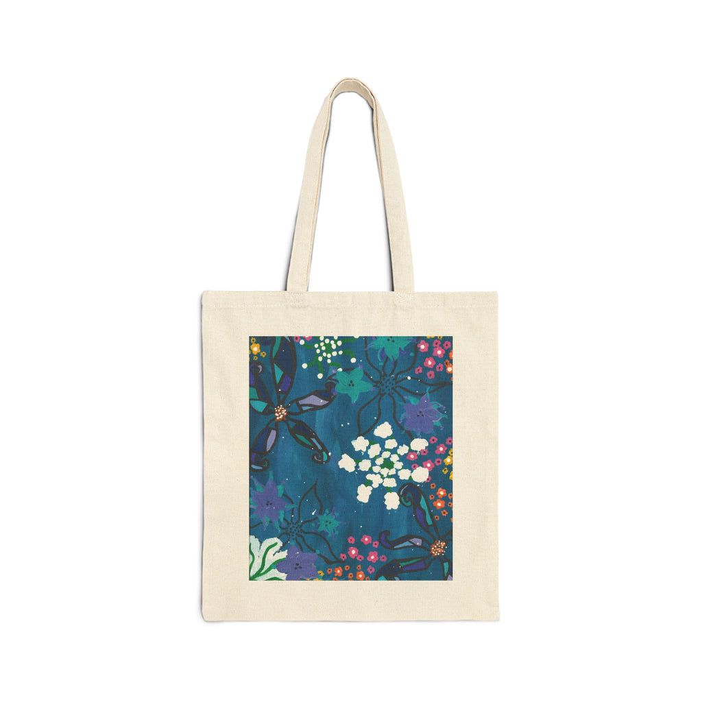 Canvas Tote Bag — Floral & Hand-Drawn Cow Art Market Tote