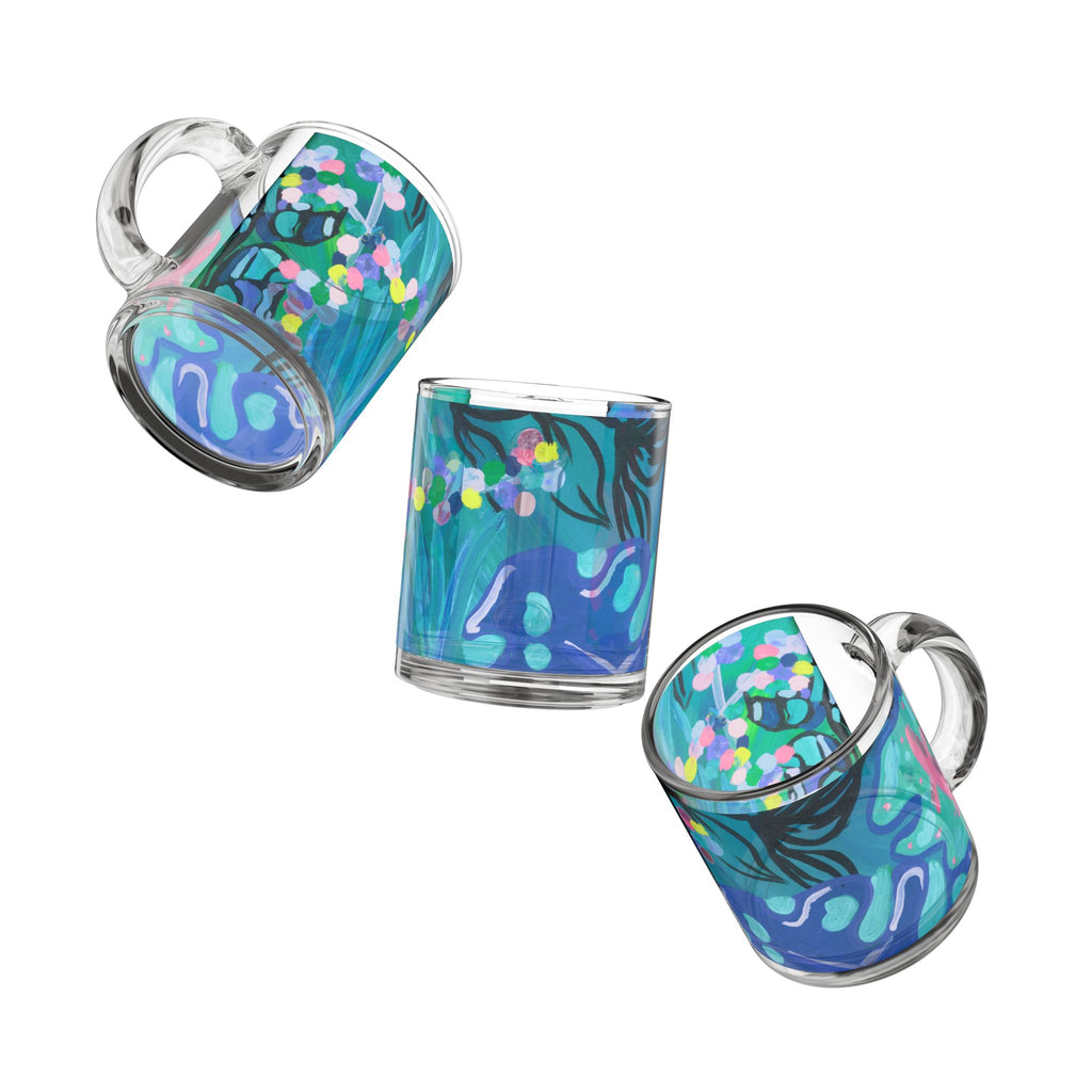 Blue Abstract Art Glass Mug — 10oz Ocean-Inspired Coffee Cup