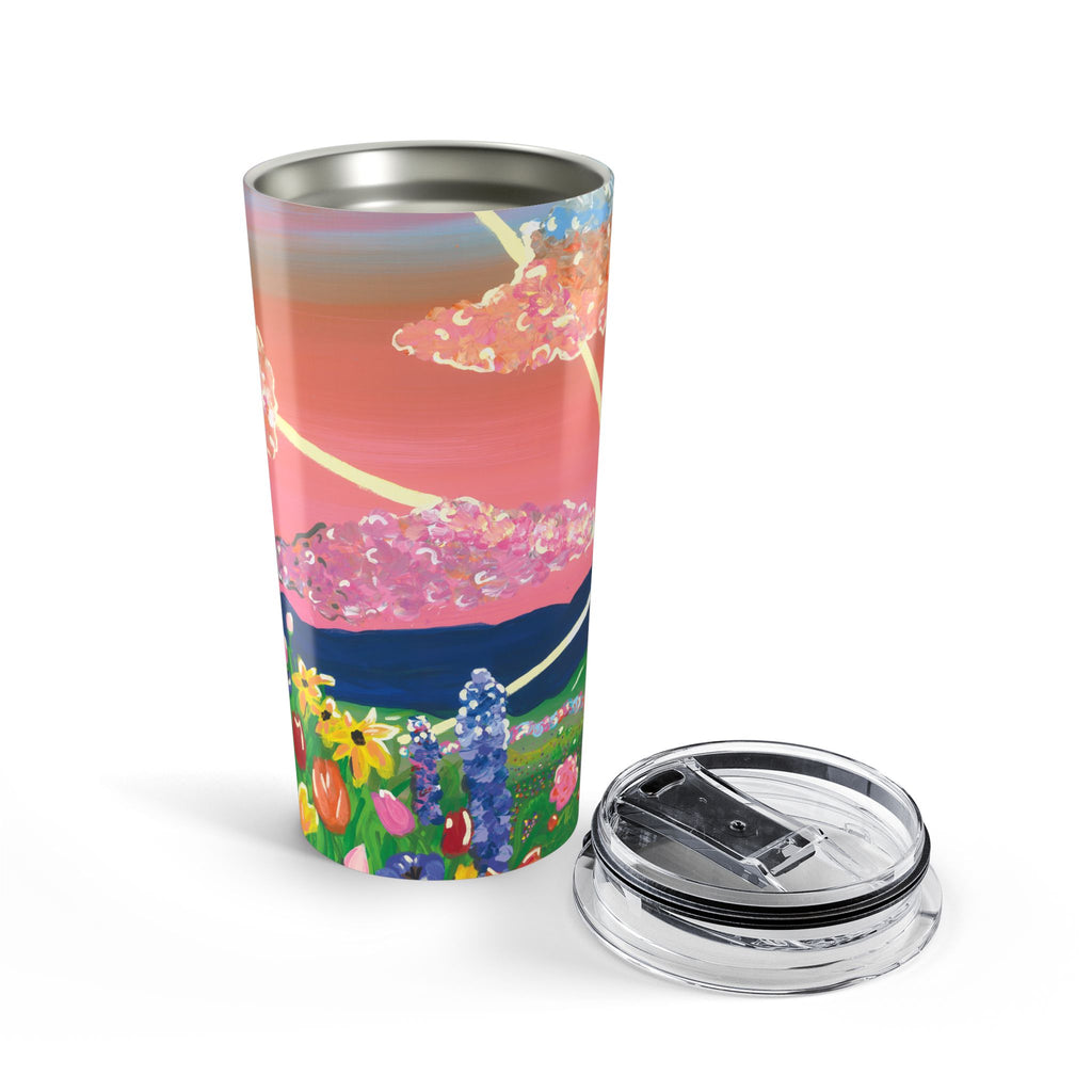 20oz Floral Sunset Tumbler – Colorful Field & Pink Sky Insulated Travel Cup