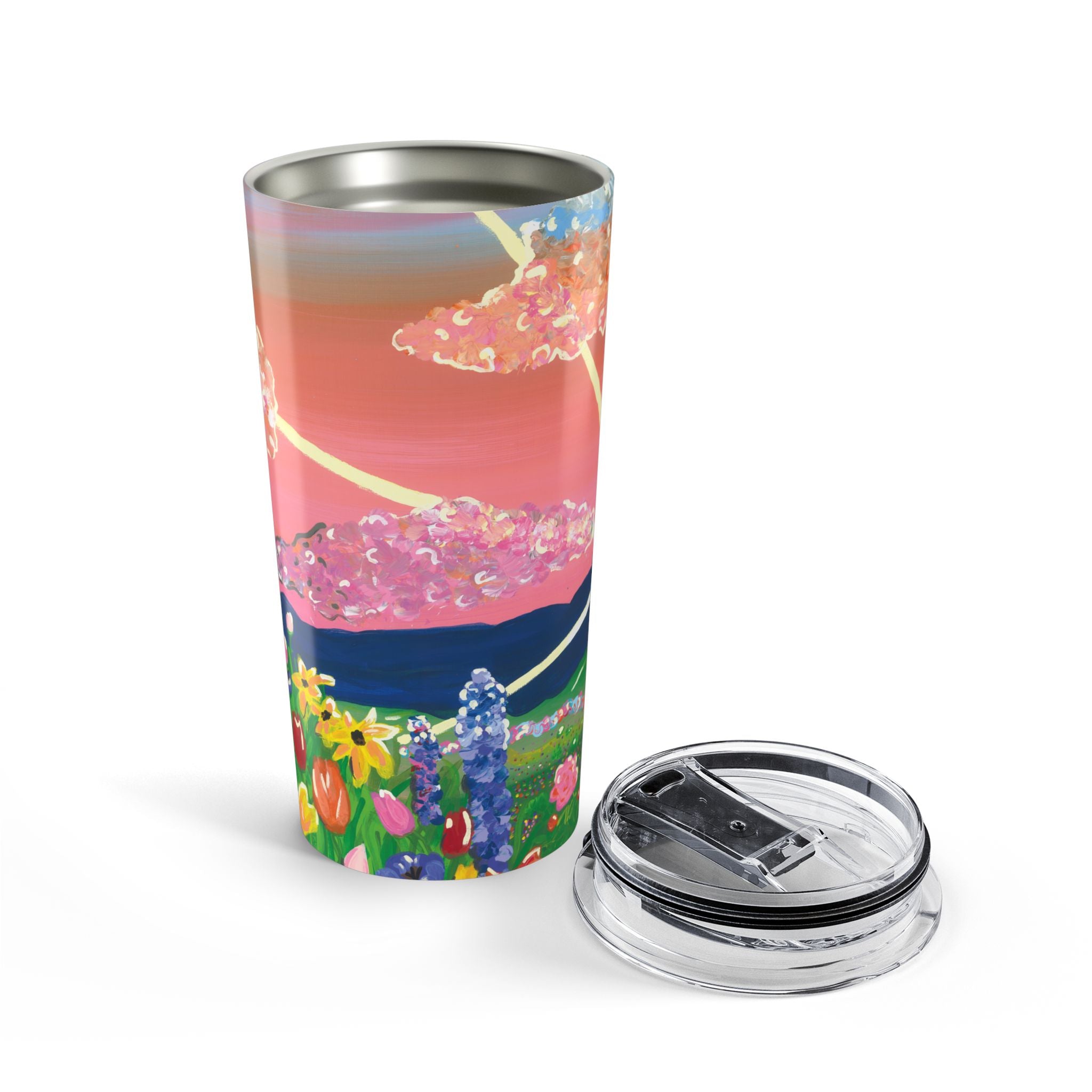 20oz Floral Sunset Tumbler – Colorful Field & Pink Sky Insulated Travel Cup