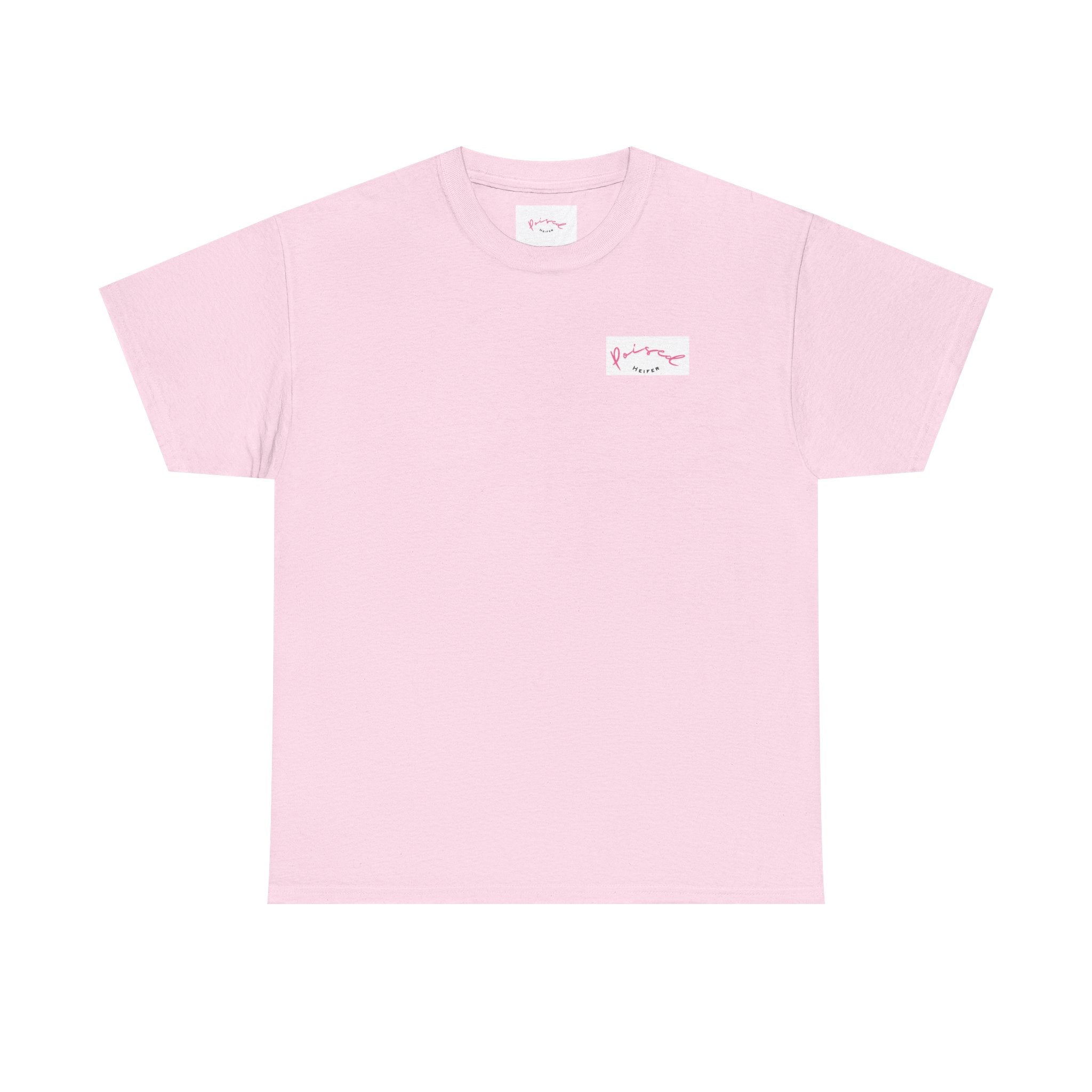 Cow Print Graphic Tee — "Poised Heifer" Cute Pastel Cow Back Print