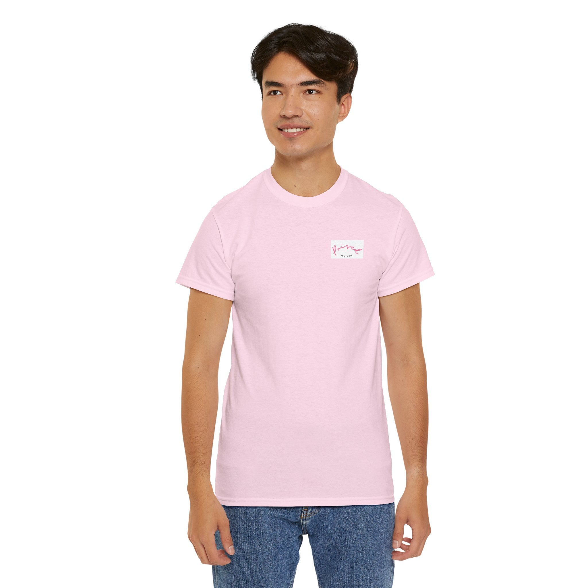 Cow Print Graphic Tee — "Poised Heifer" Cute Pastel Cow Back Print