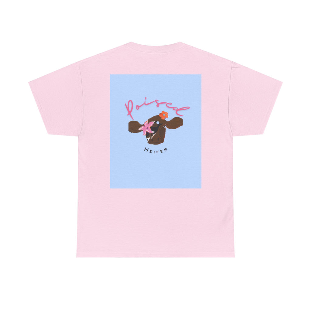 Cow Print Graphic Tee — "Poised Heifer" Cute Pastel Cow Back Print
