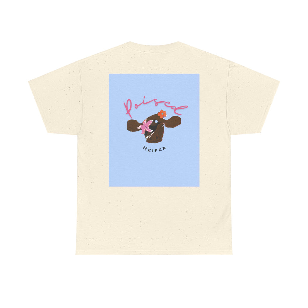 Cow Print Graphic Tee — "Poised Heifer" Cute Pastel Cow Back Print