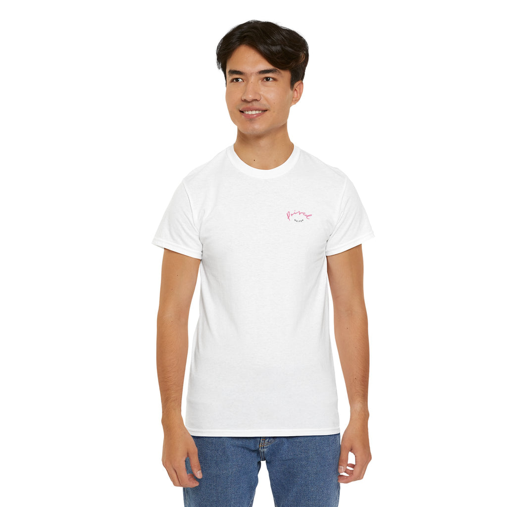 Cow Print Graphic Tee — "Poised Heifer" Cute Pastel Cow Back Print