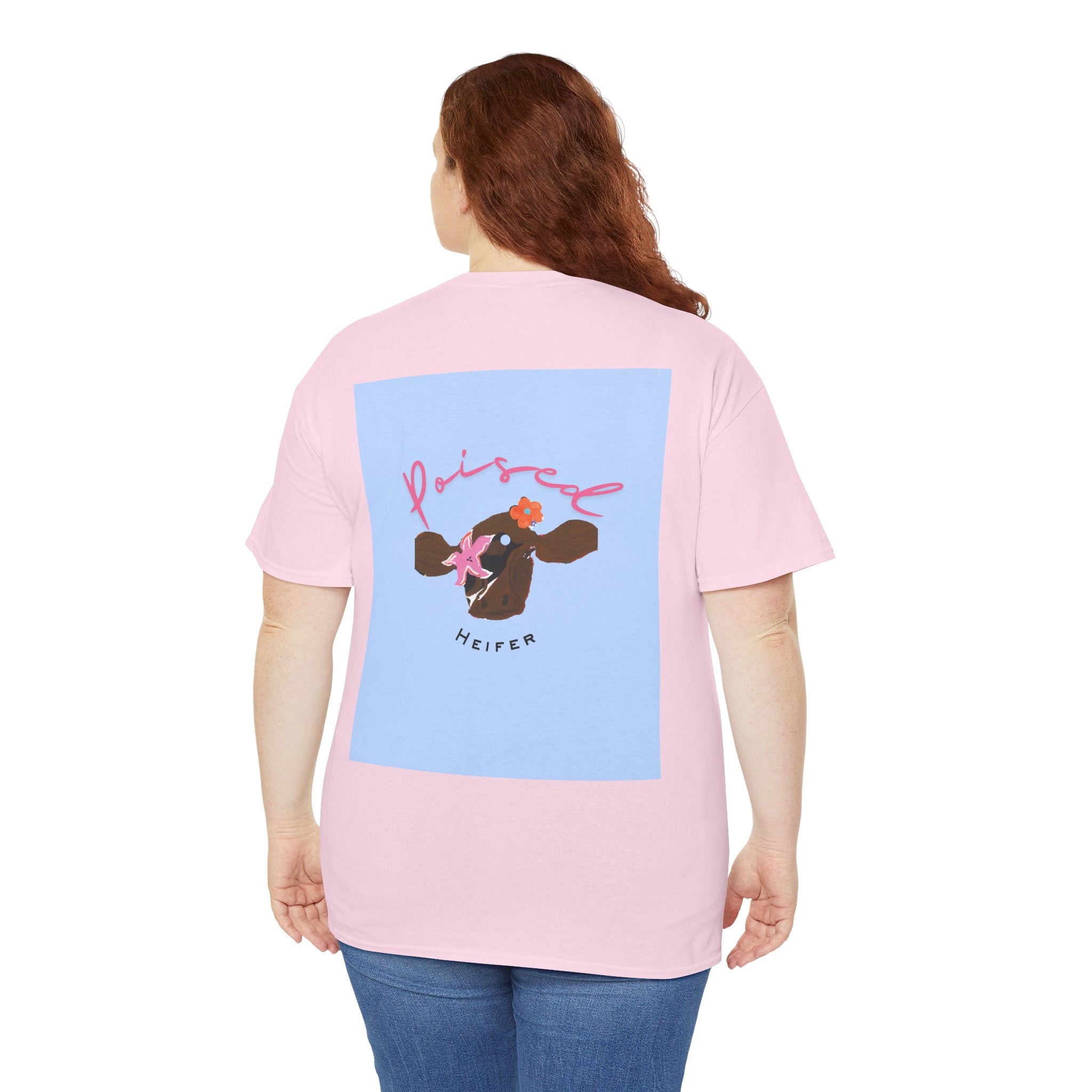 Cow Print Graphic Tee — "Poised Heifer" Cute Pastel Cow Back Print