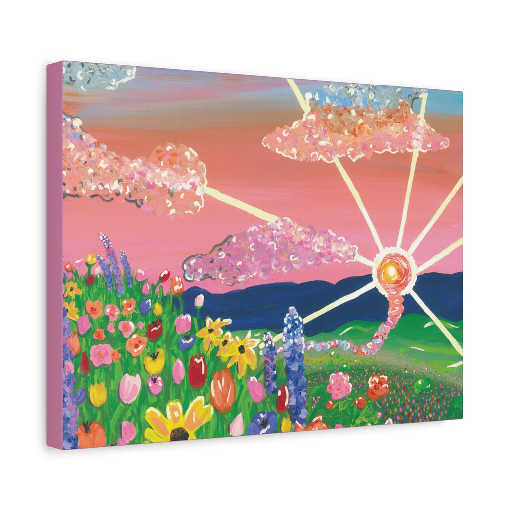 Floral Sunset Canvas Wall Art — Colorful Meadow & Sparkling Sun