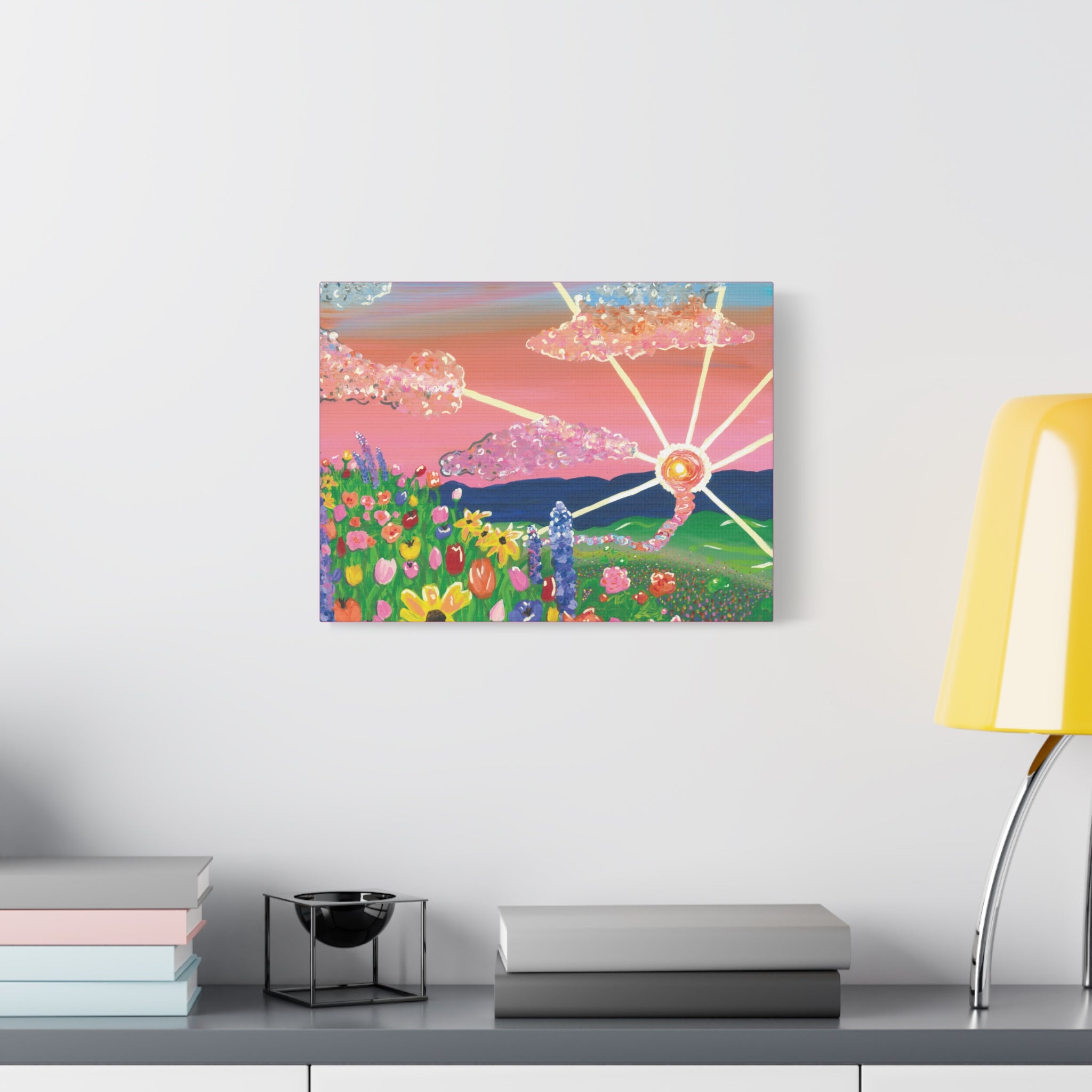 Floral Sunset Canvas Wall Art — Colorful Meadow & Sparkling Sun