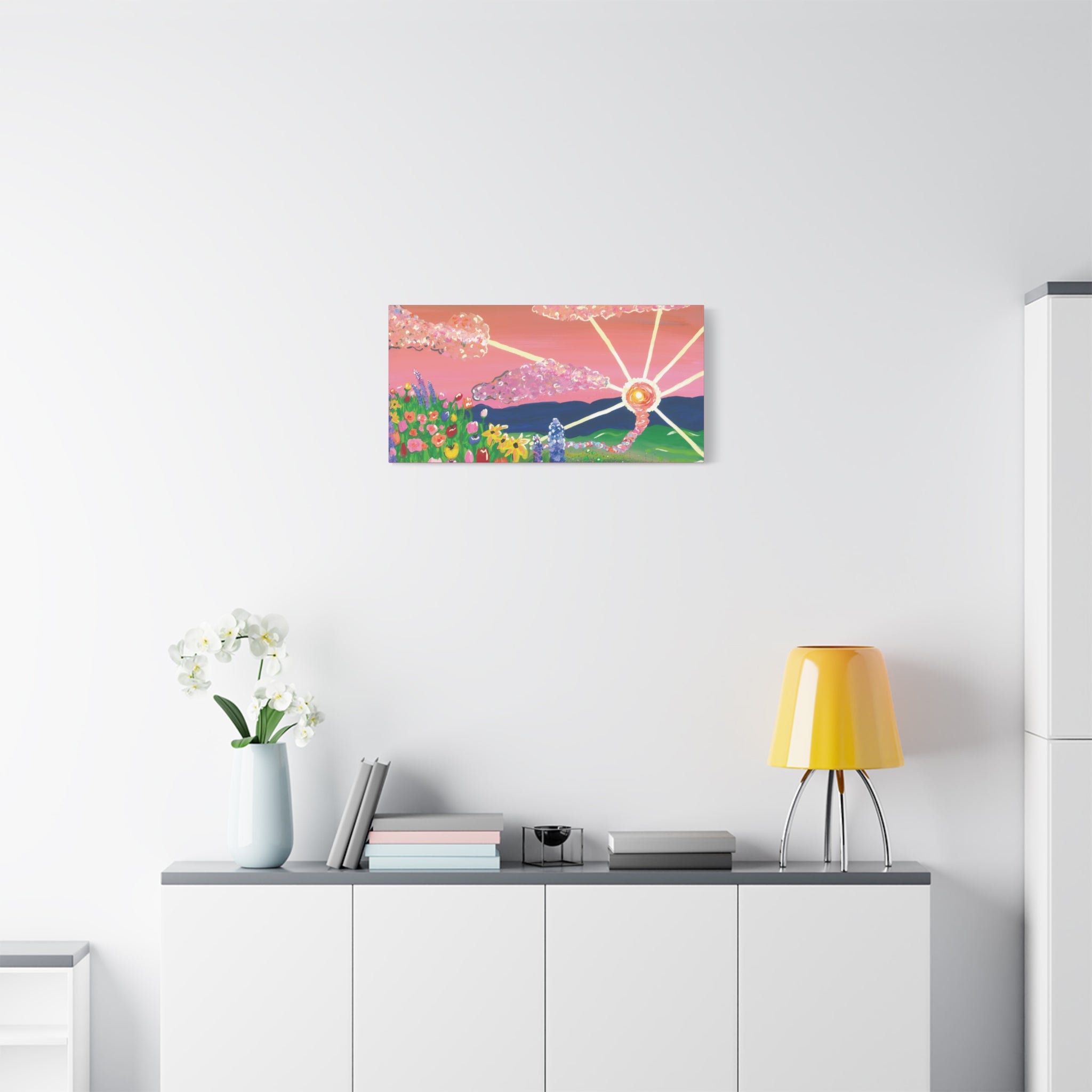 Floral Sunset Canvas Wall Art — Colorful Meadow & Sparkling Sun
