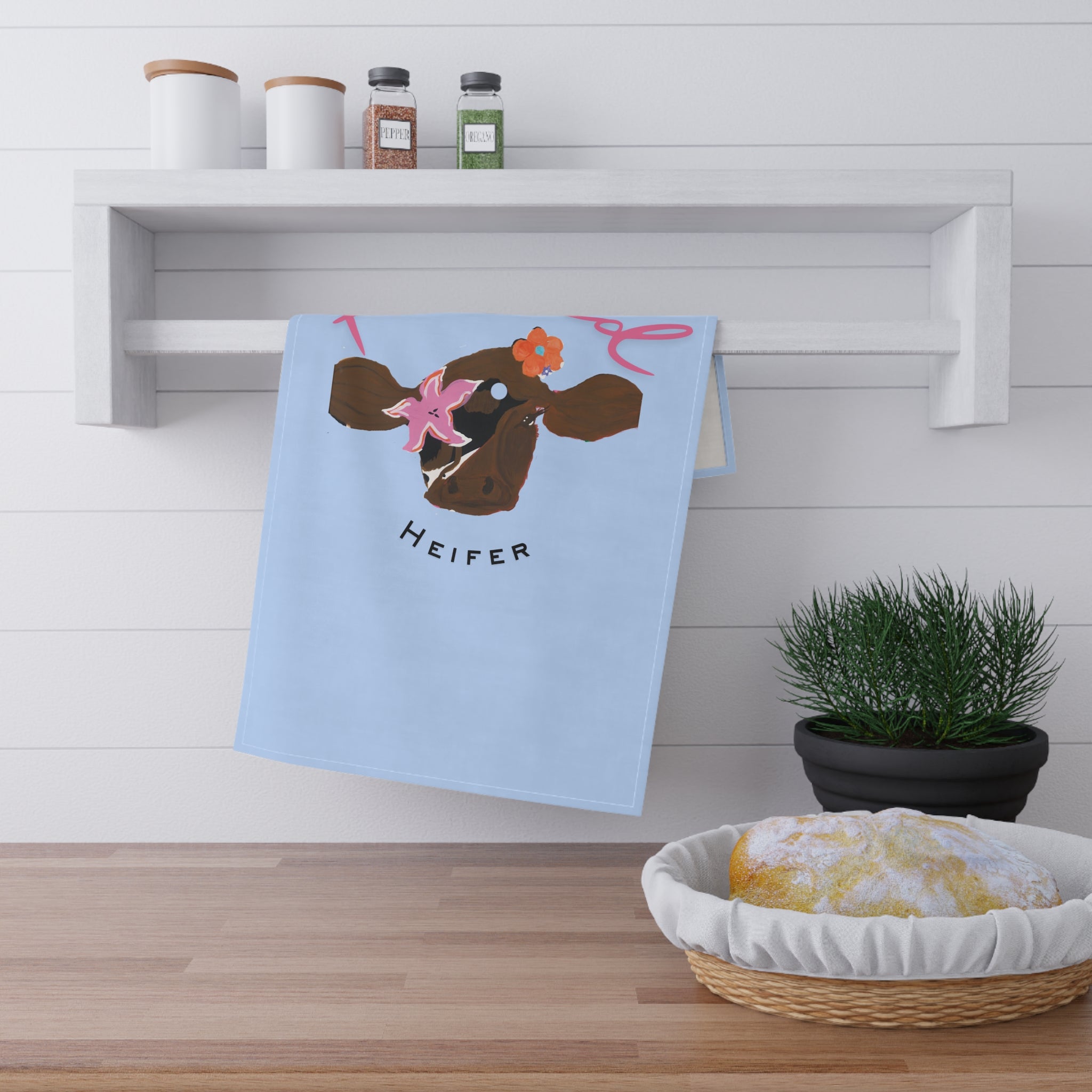 Poised Heifer Cow Tea Towel — Cute Floral Farmhouse Kitchen Towel