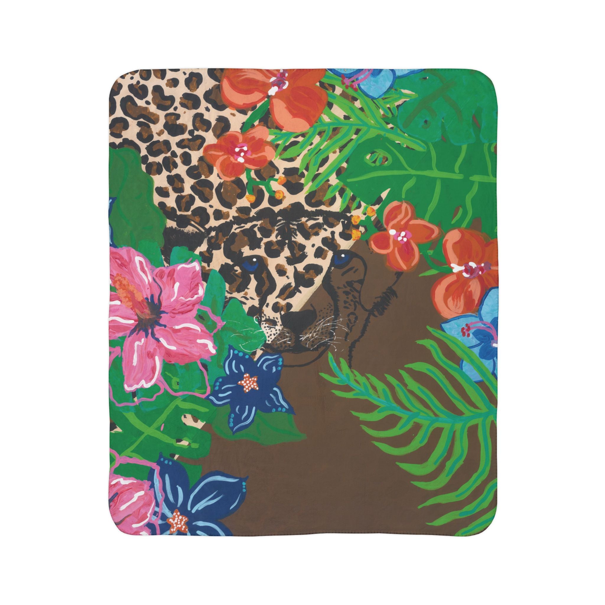 Tropical Cheetah Fleece Sherpa Blanket — Floral Jungle Cozy Throw