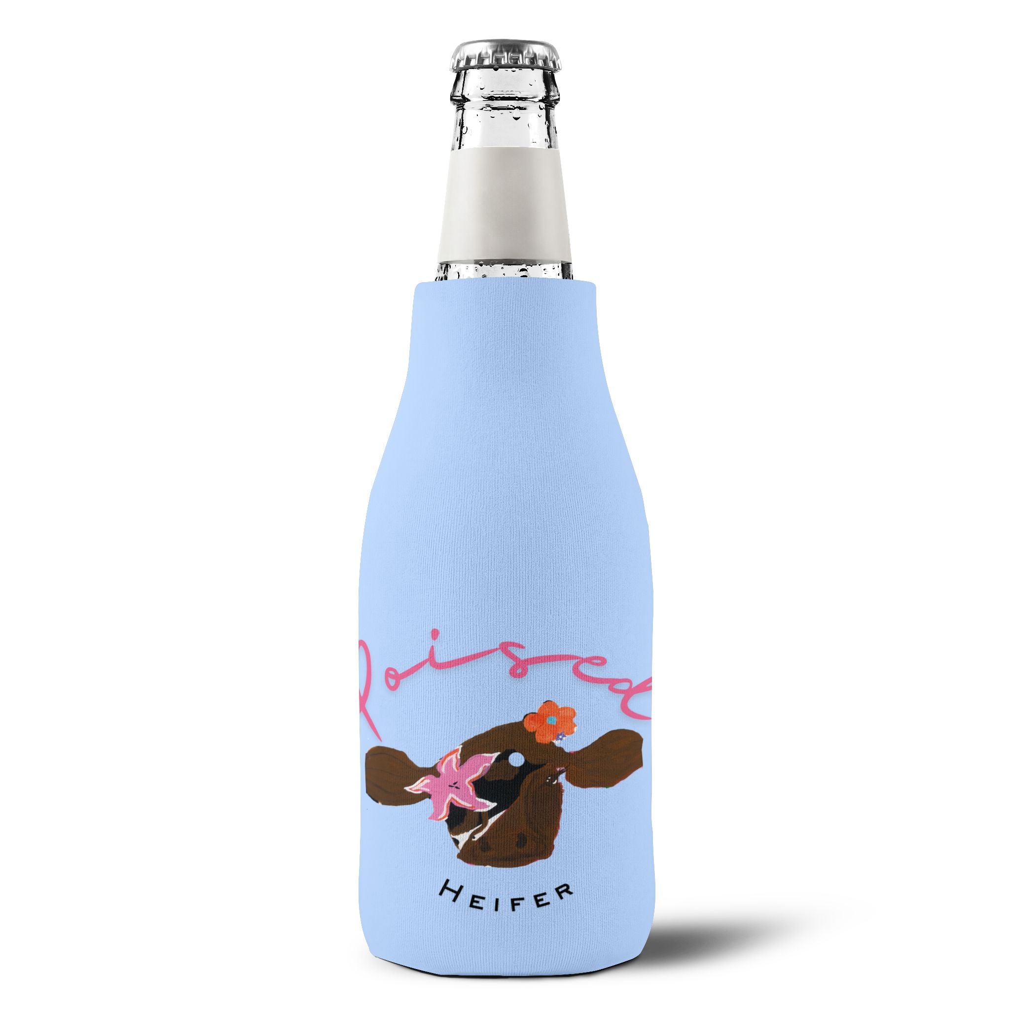 Poised Heifer Zip-Up Bottle Cooler Sleeve — Neoprene Can Cooler with Cow Design
