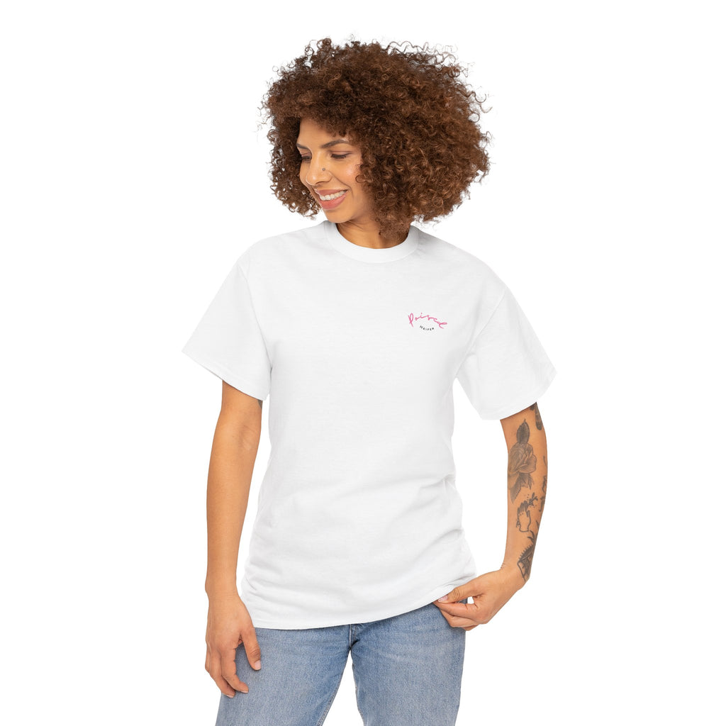 Cow Print Graphic Tee — "Poised Heifer" Cute Pastel Cow Back Print