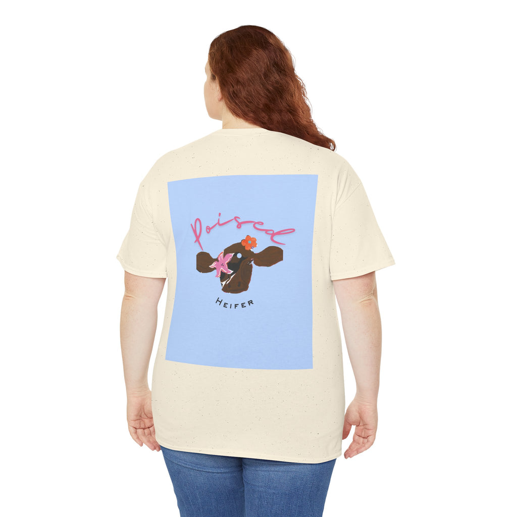 Cow Print Graphic Tee — "Poised Heifer" Cute Pastel Cow Back Print