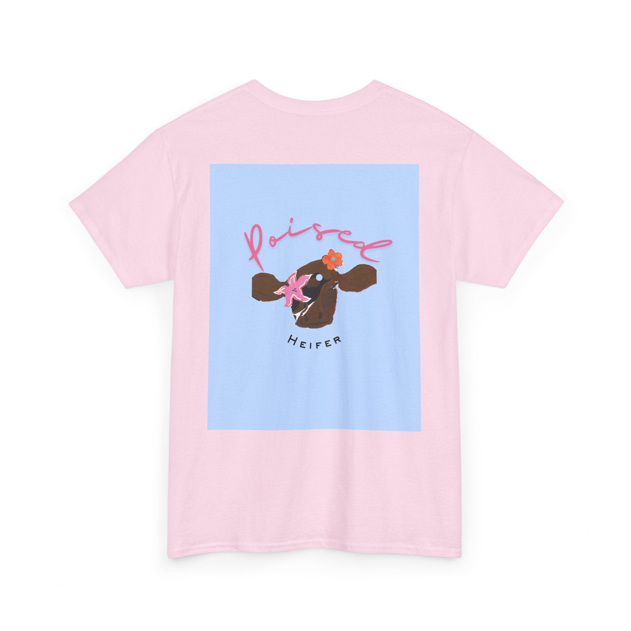 Cow Print Graphic Tee — "Poised Heifer" Cute Pastel Cow Back Print