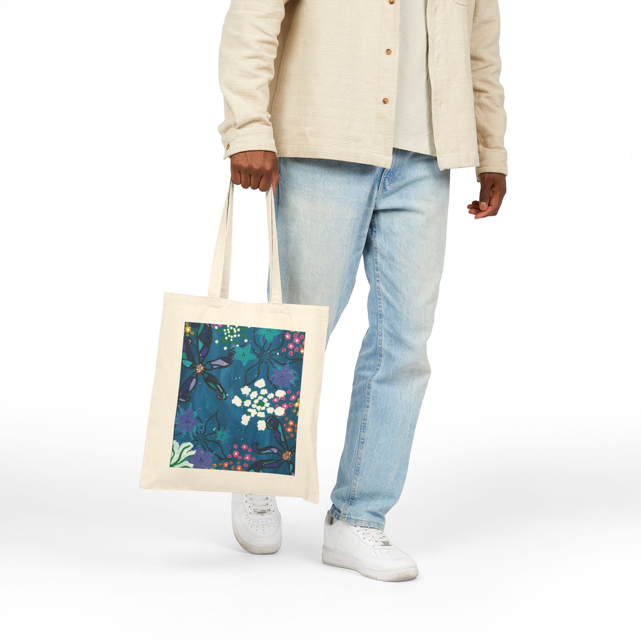 Canvas Tote Bag — Floral & Hand-Drawn Cow Art Market Tote