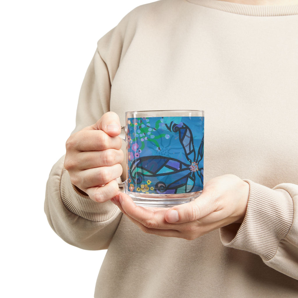 Blue Floral Glass Mug — 10oz Decorative Coffee Cup