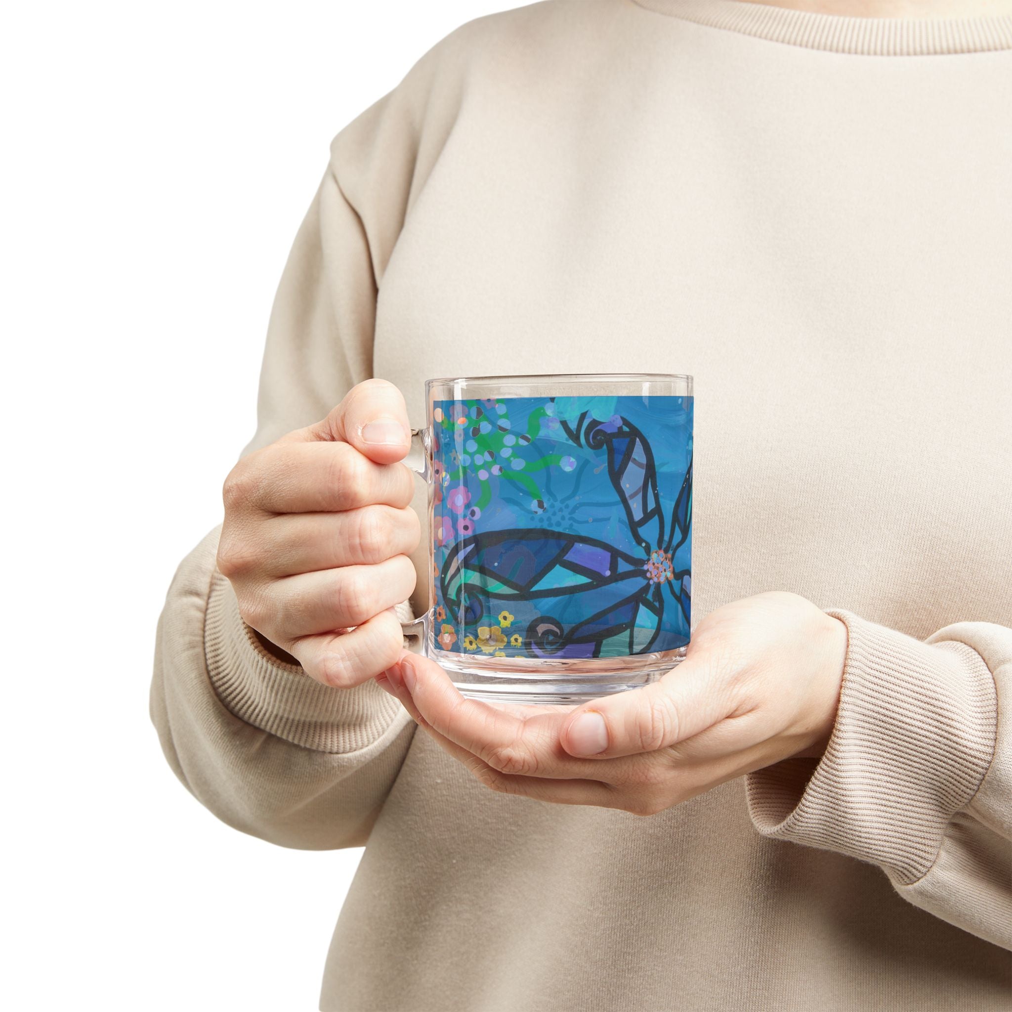 Blue Floral Glass Mug — 10oz Decorative Coffee Cup