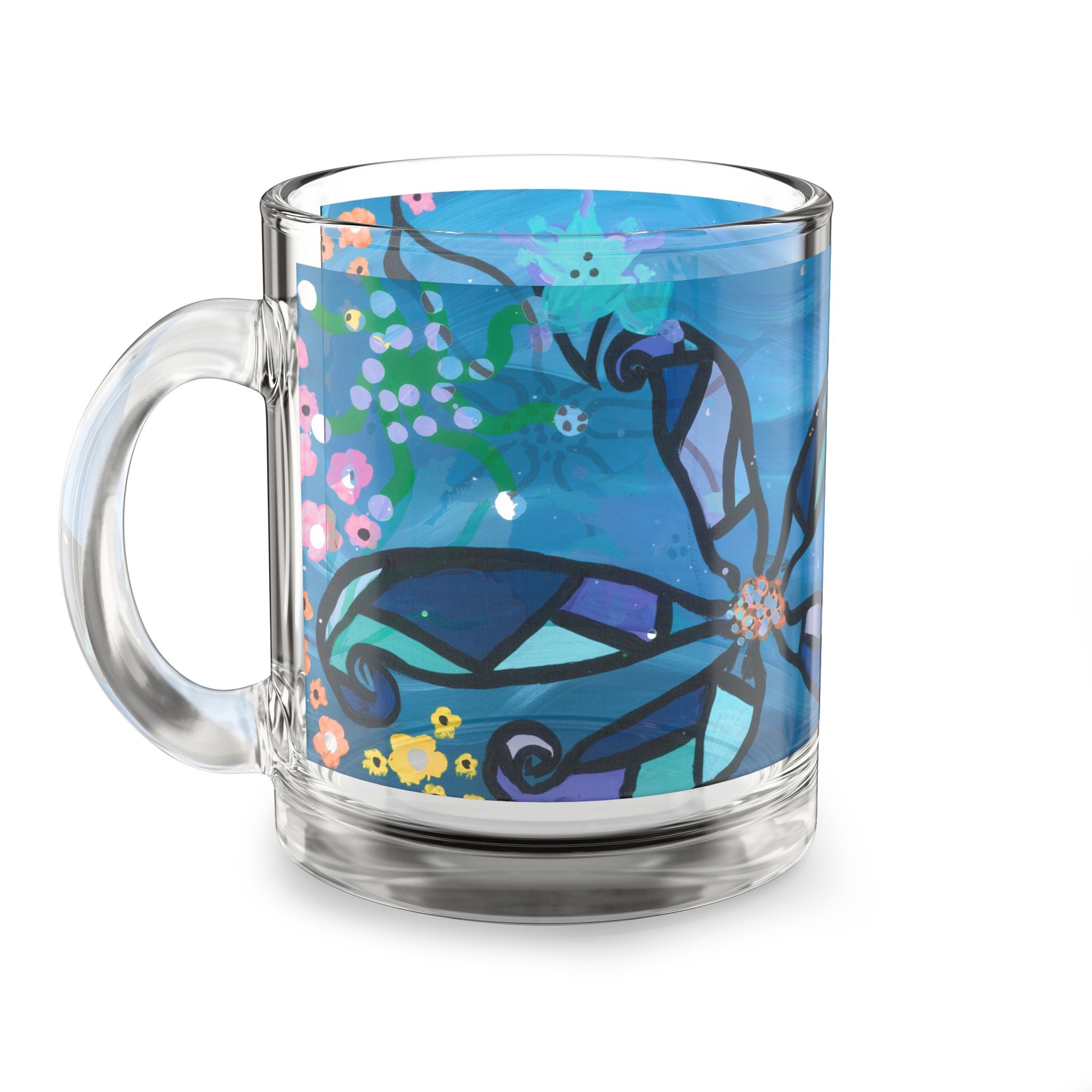 Blue Floral Glass Mug — 10oz Decorative Coffee Cup