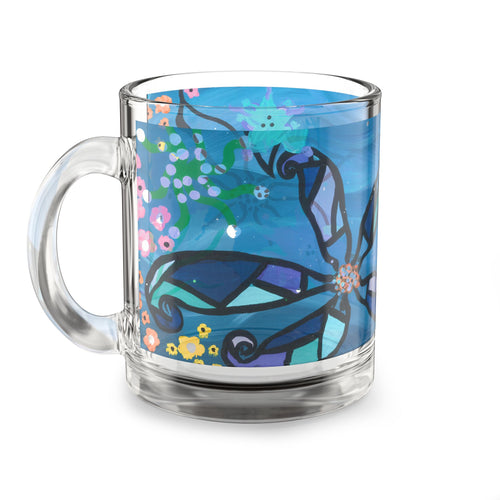 Blue Floral Glass Mug — 10oz Decorative Coffee Cup
