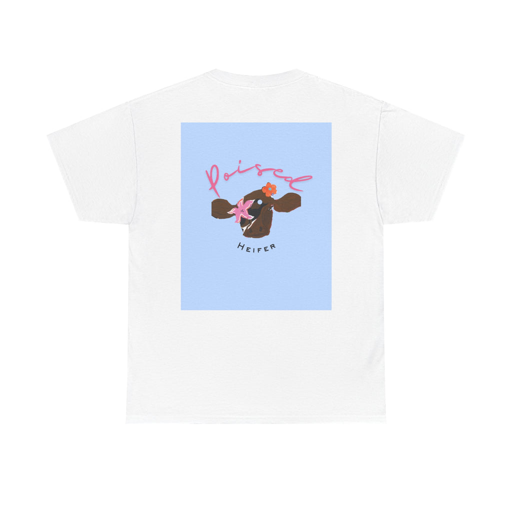Cow Print Graphic Tee — "Poised Heifer" Cute Pastel Cow Back Print