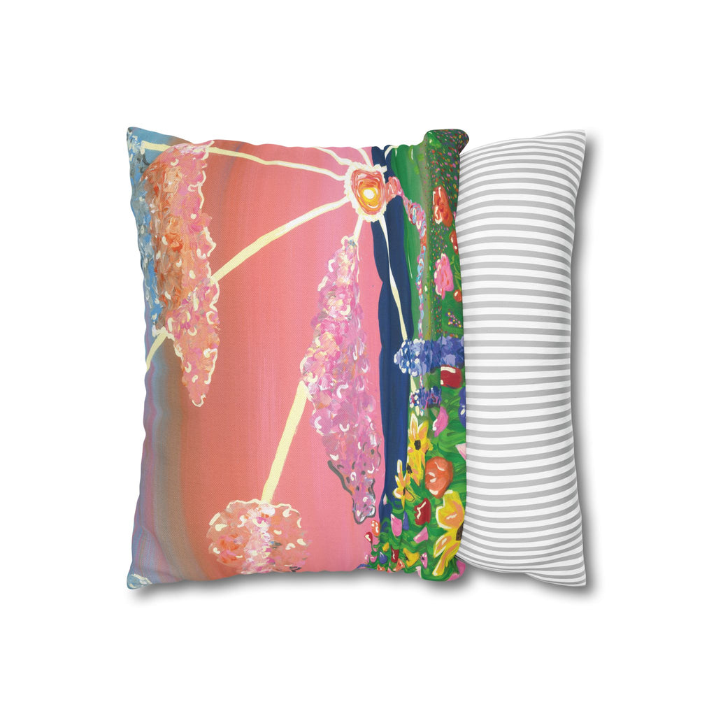 Floral Sunset Decorative Pillowcase — Pink Garden Sunburst Square Throw
