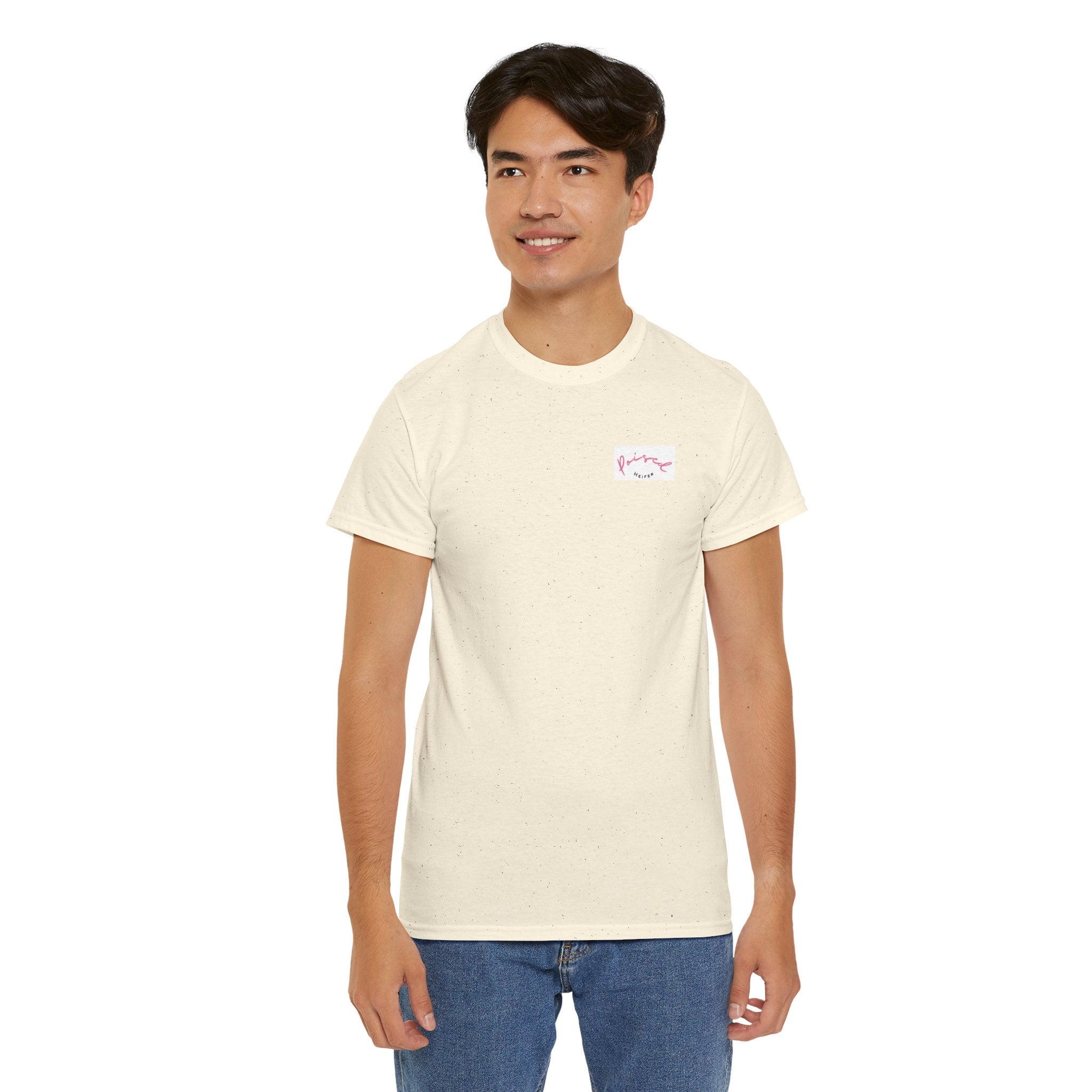 Cow Print Graphic Tee — "Poised Heifer" Cute Pastel Cow Back Print