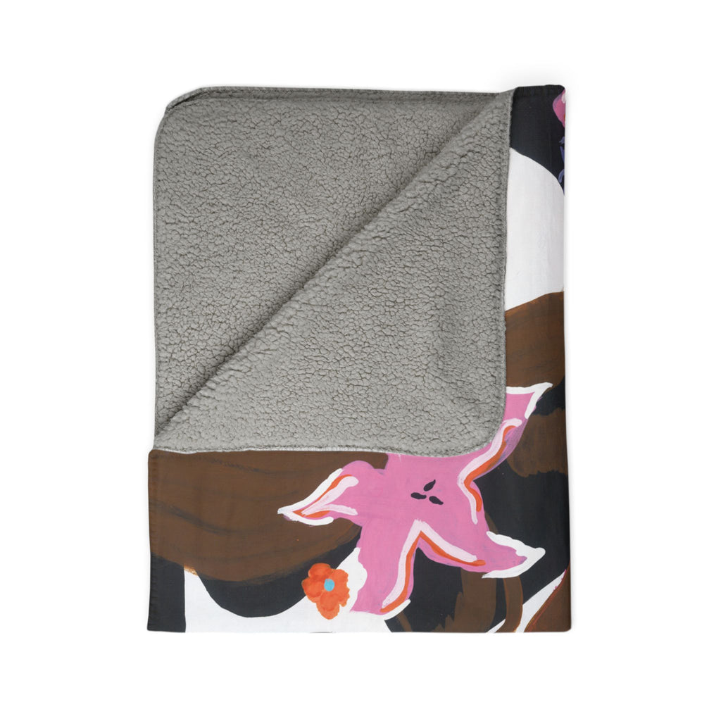 Cow Print Floral Fleece Sherpa Blanket — Pink Floral Cows Cozy Throw