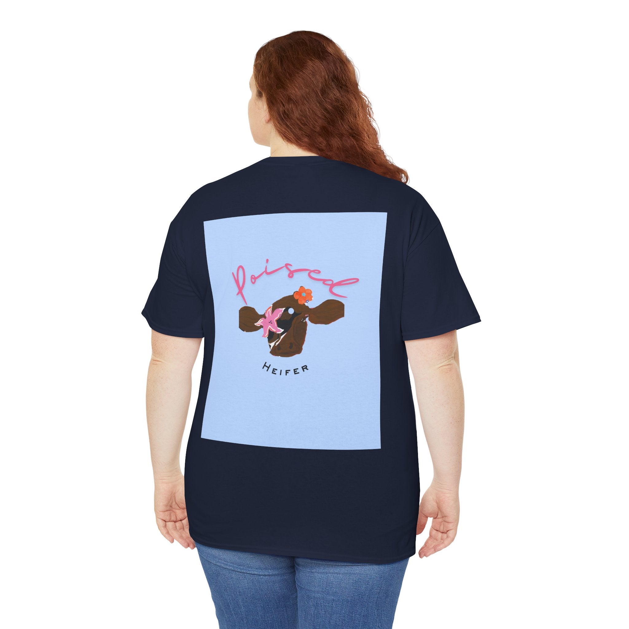 Cow Print Graphic Tee — "Poised Heifer" Cute Pastel Cow Back Print