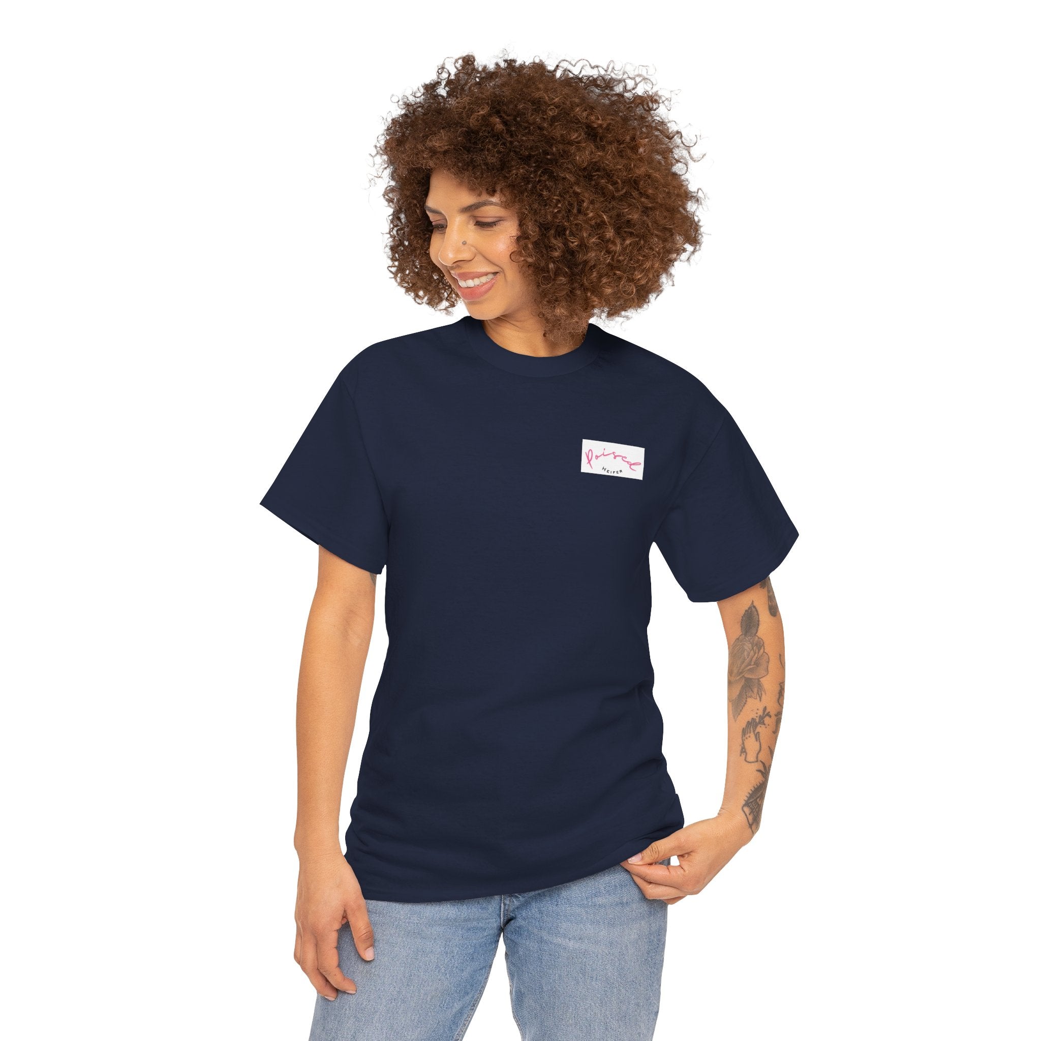 Cow Print Graphic Tee — "Poised Heifer" Cute Pastel Cow Back Print