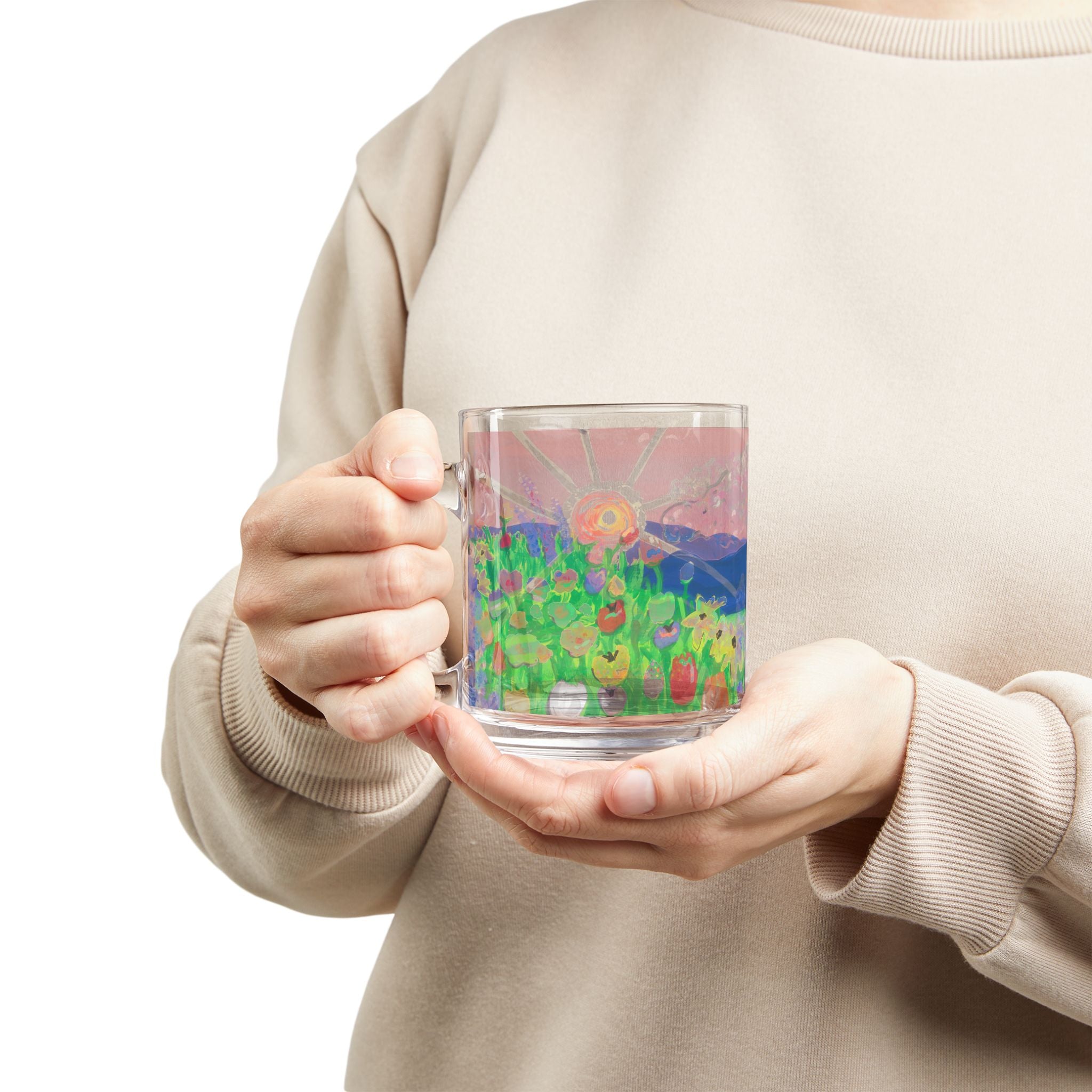 Glass Mug — Pastel Sunset Floral Landscape 10oz