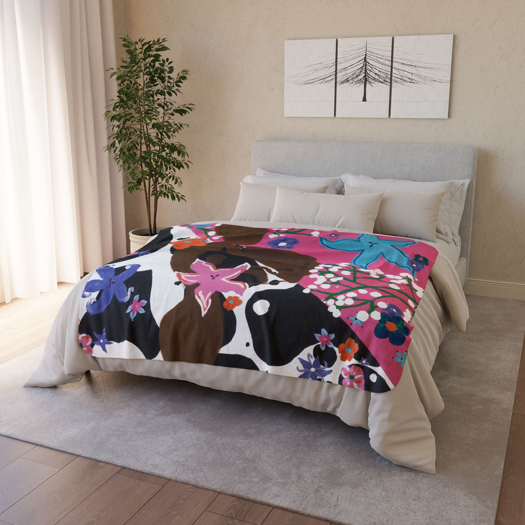 Cow Print Floral Fleece Sherpa Blanket — Pink Floral Cows Cozy Throw