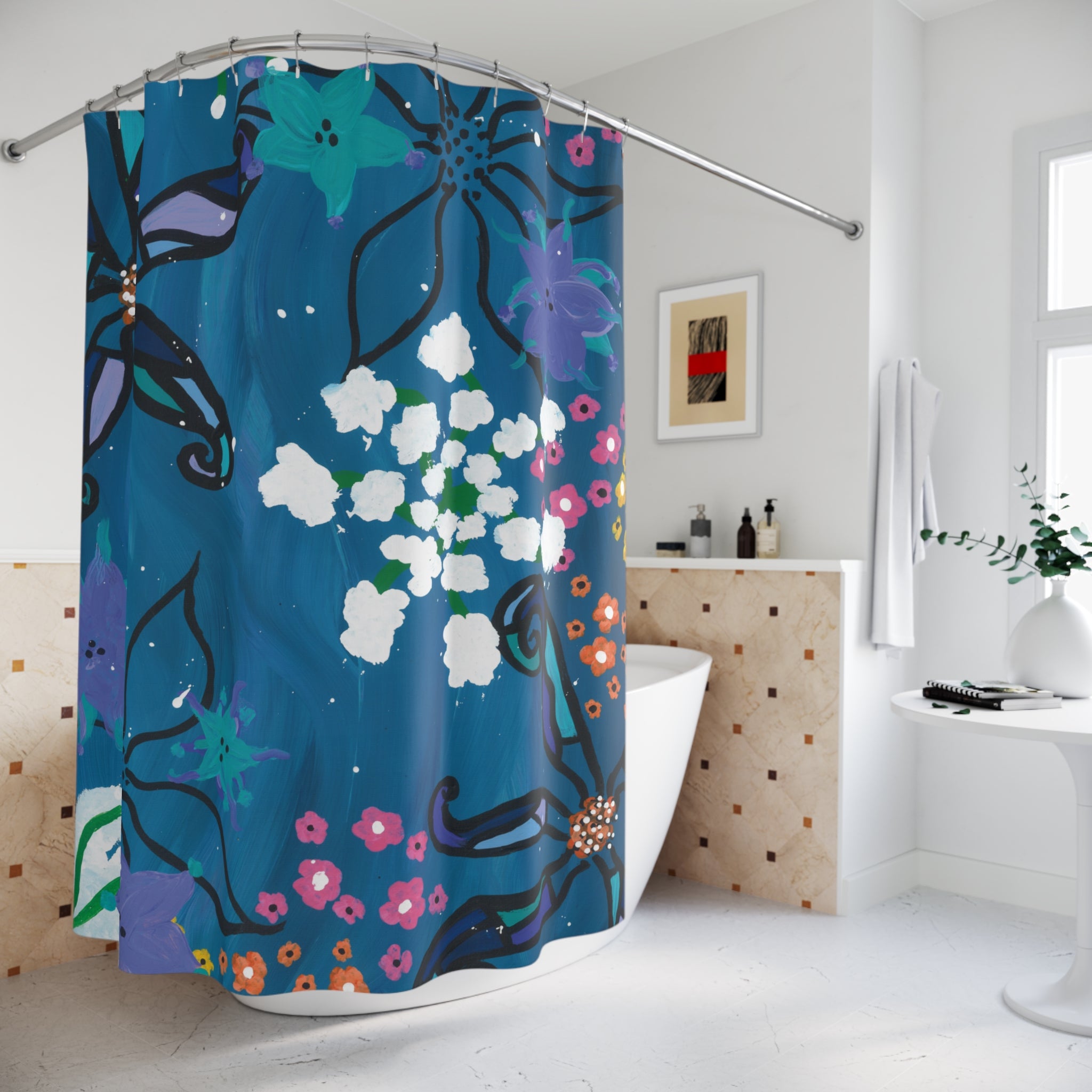 Blue Floral Shower Curtain — Navy Botanical Bathroom Decor