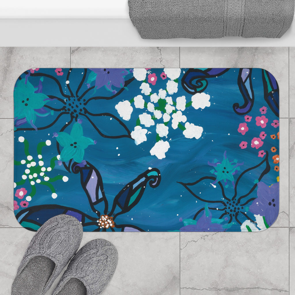 Blue Floral Bath Mat – Vibrant Garden Bathroom Rug