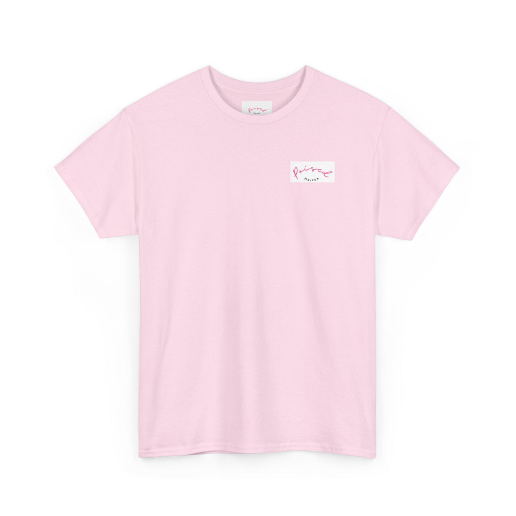 Cow Print Graphic Tee — "Poised Heifer" Cute Pastel Cow Back Print