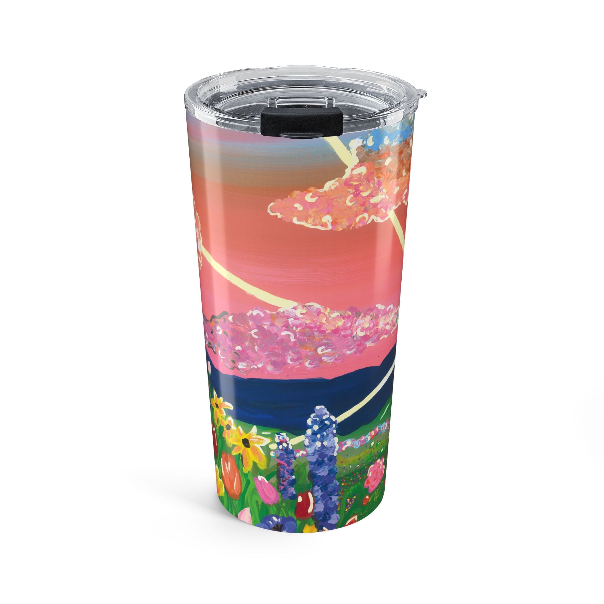 20oz Floral Sunset Tumbler – Colorful Field & Pink Sky Insulated Travel Cup