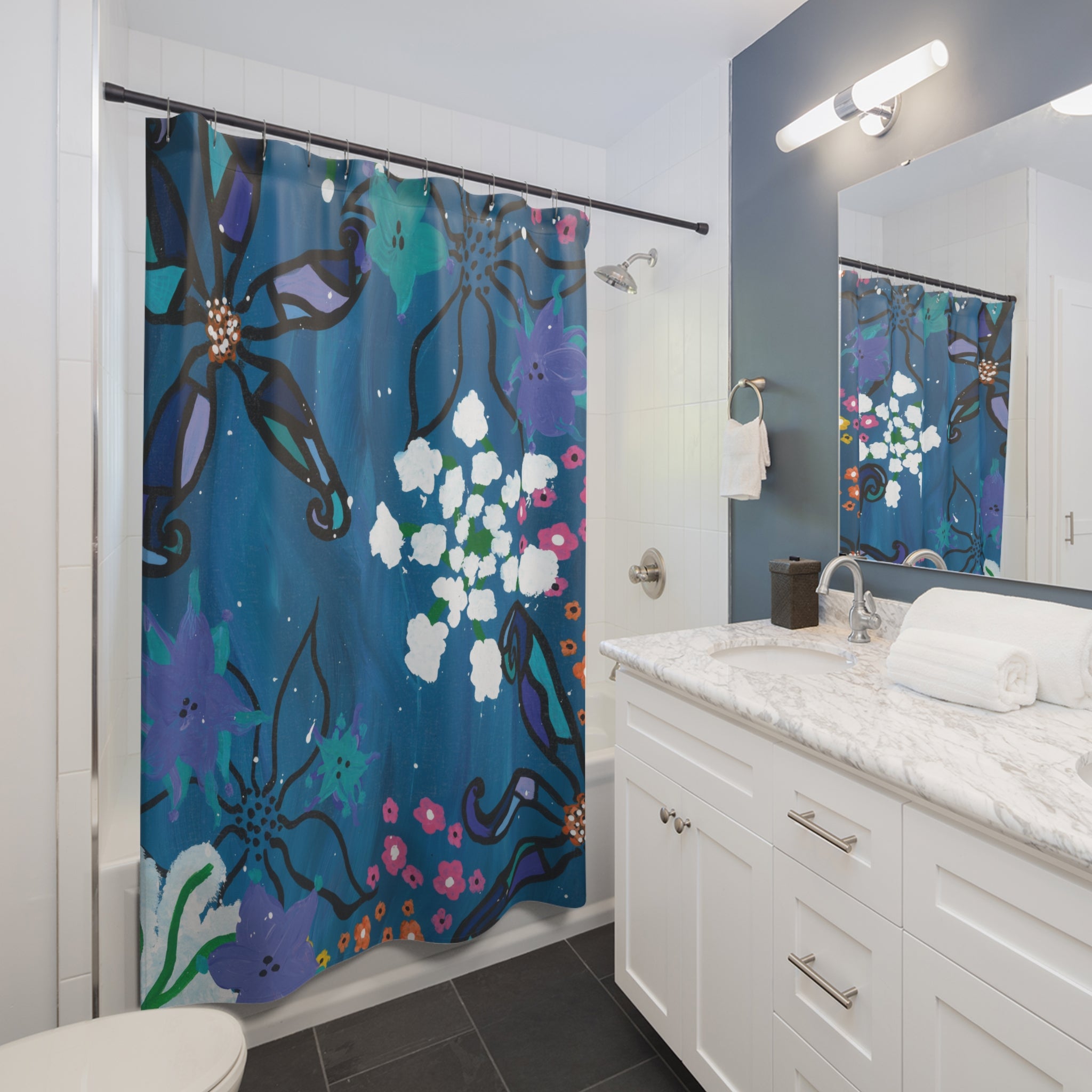 Blue Floral Shower Curtain — Navy Botanical Bathroom Decor