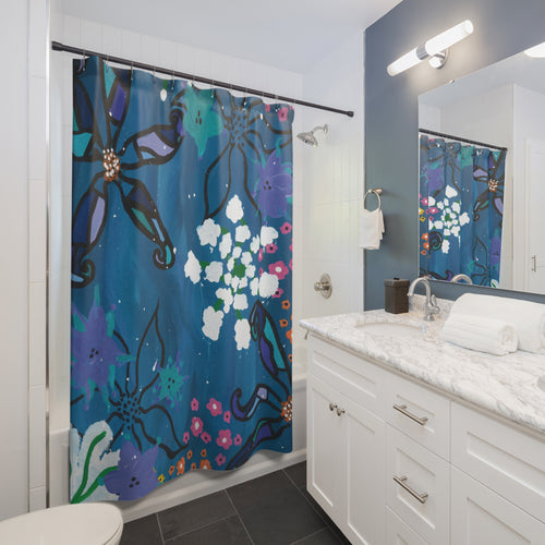 Blue Floral Shower Curtain — Navy Botanical Bathroom Decor