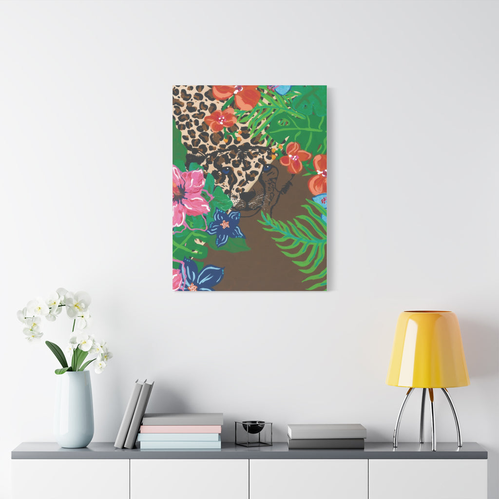 Tropical Cheetah Canvas Wall Art — Floral Jungle Stretched Matte Print