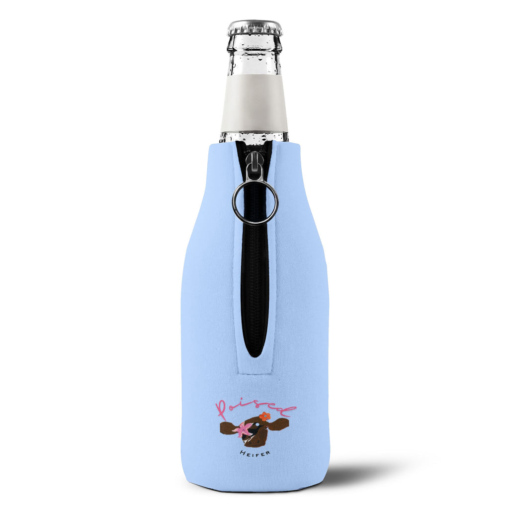Poised Heifer Zip-Up Bottle Cooler Sleeve — Neoprene Can Cooler with Cow Design