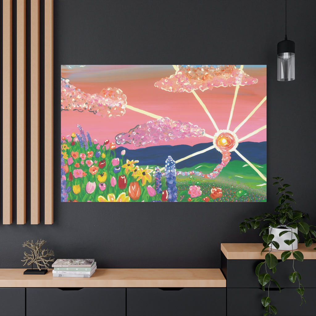 Floral Sunset Canvas Wall Art — Colorful Meadow & Sparkling Sun