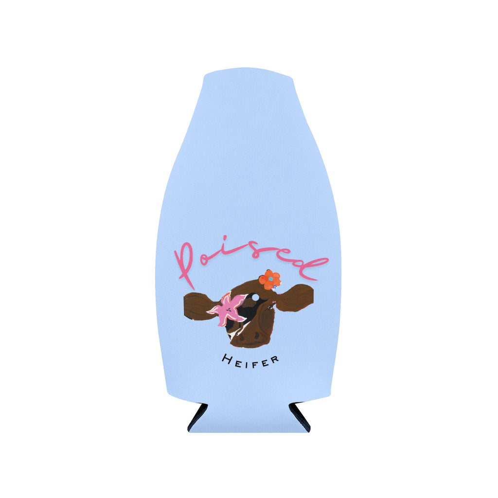 Poised Heifer Zip-Up Bottle Cooler Sleeve — Neoprene Can Cooler with Cow Design