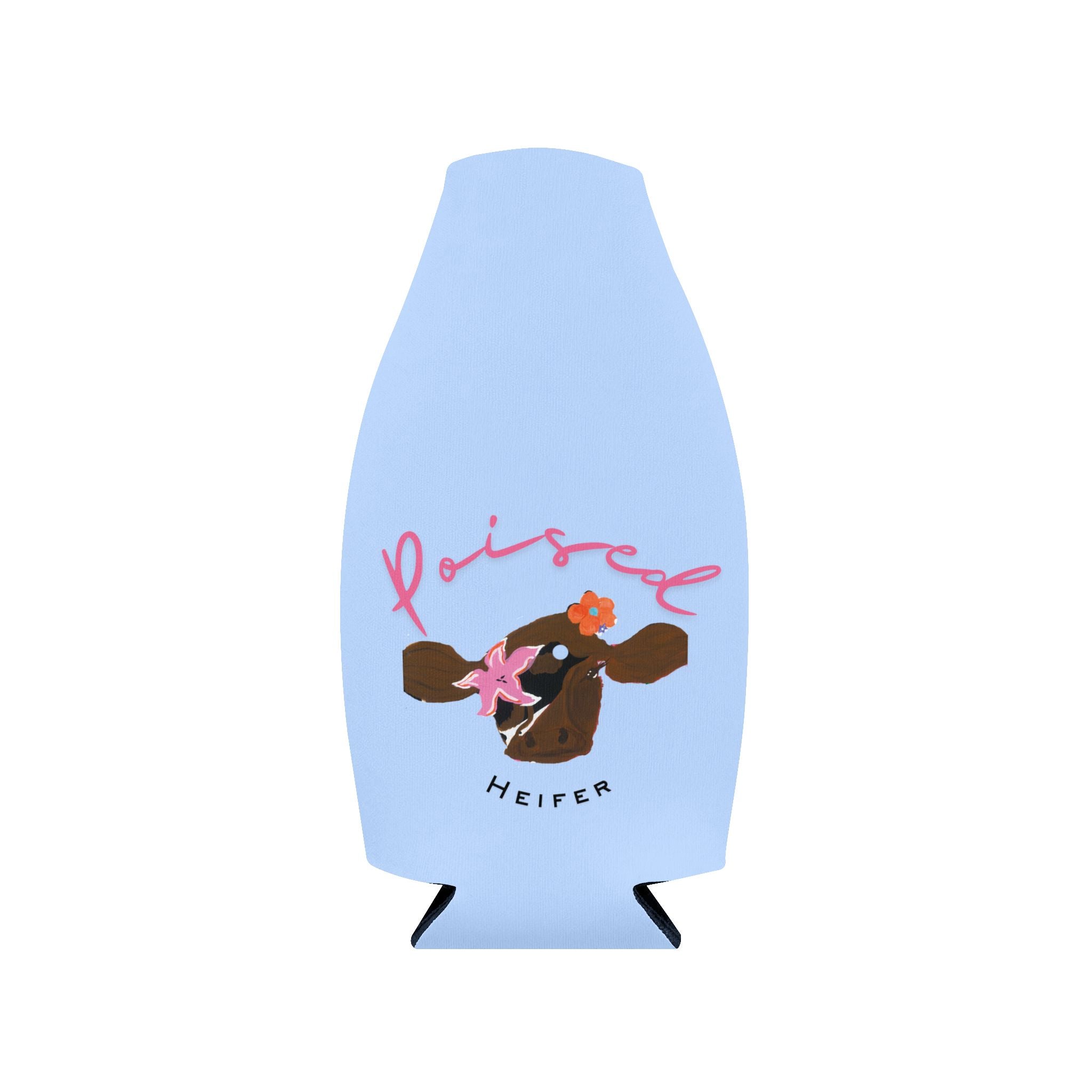 Poised Heifer Zip-Up Bottle Cooler Sleeve — Neoprene Can Cooler with Cow Design