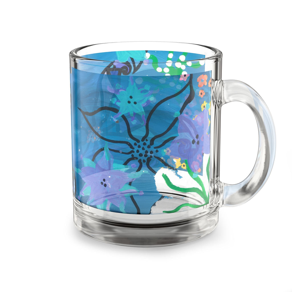 Blue Floral Glass Mug — 10oz Decorative Coffee Cup