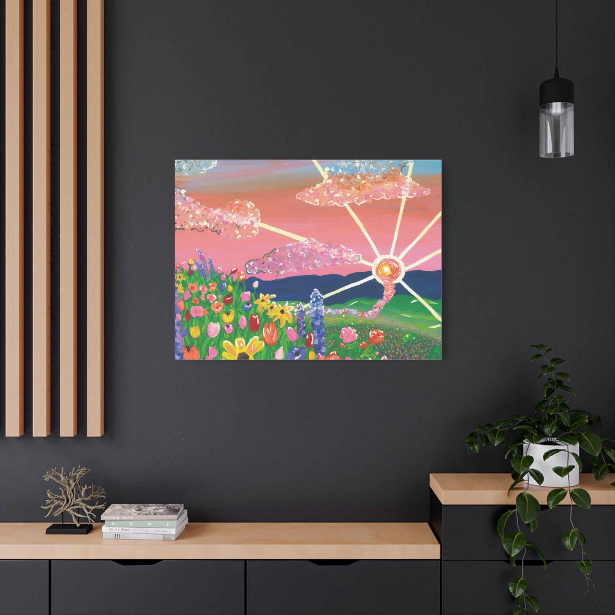 Floral Sunset Canvas Wall Art — Colorful Meadow & Sparkling Sun