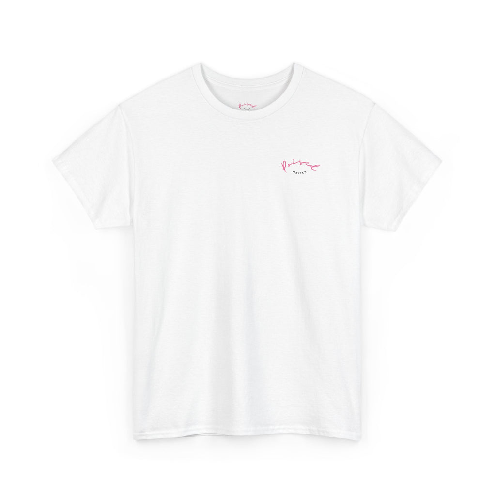 Cow Print Graphic Tee — "Poised Heifer" Cute Pastel Cow Back Print