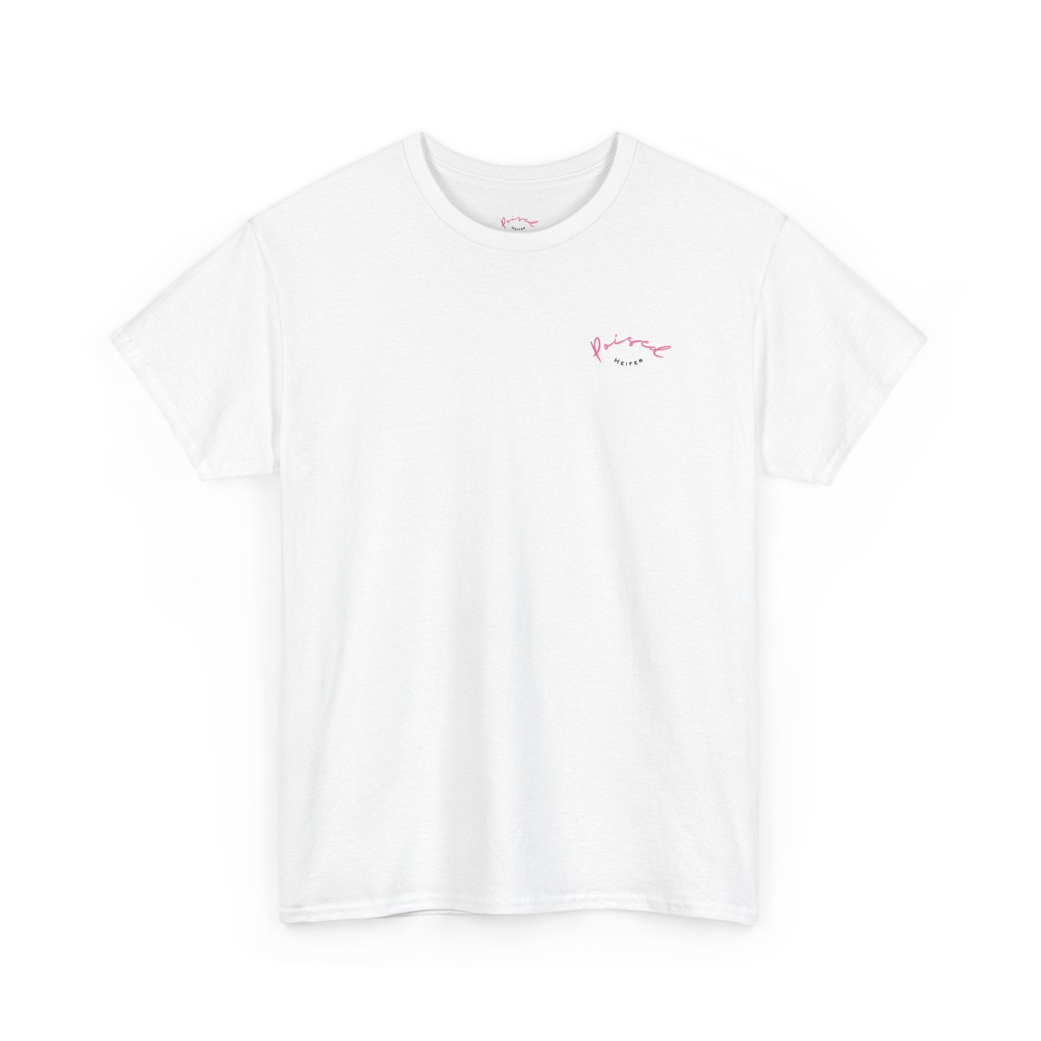 Cow Print Graphic Tee — "Poised Heifer" Cute Pastel Cow Back Print