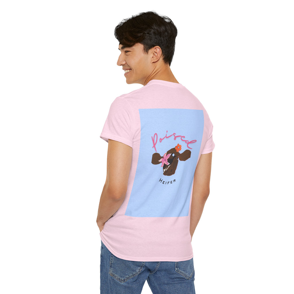 Cow Print Graphic Tee — "Poised Heifer" Cute Pastel Cow Back Print