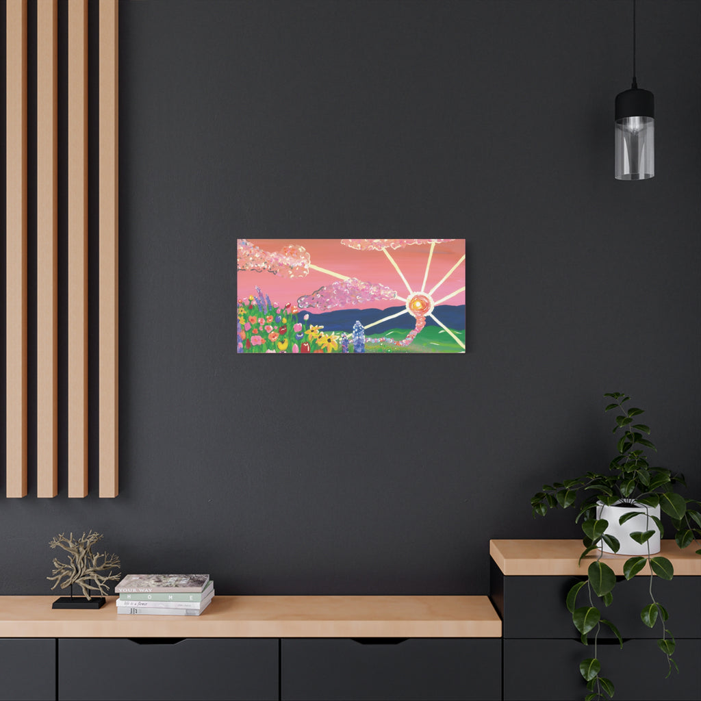 Floral Sunset Canvas Wall Art — Colorful Meadow & Sparkling Sun