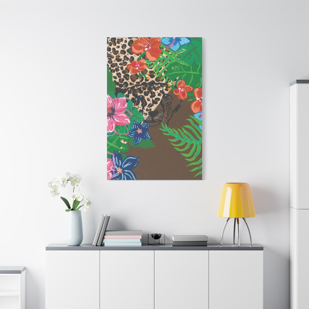 Tropical Cheetah Canvas Wall Art — Floral Jungle Stretched Matte Print